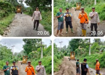 Polsek Raya Kahean Bersama Warga Gotong Royong Perbaiki Jalan di Kaki Gunung Simarsolpah.