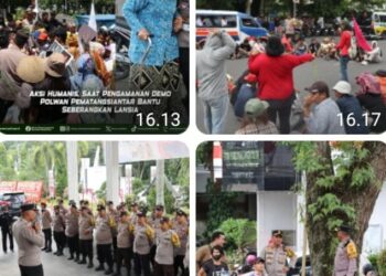 Aksi Humanis, Saat Pengamanan Demo Polwan Pematangsiantar Bantu Seberangkan Lansia.