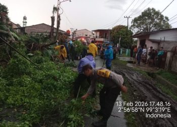 Bhabinkamtibmas Polsek Siantar Barat Respon Cepat Bantu Bersihkan Pohon Tumbang di Jalan Simbolon.