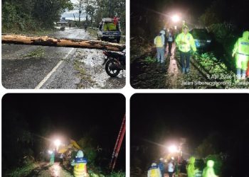 Pohon Tumbang Tutup Jalan Siantar-parapat, Laporan Warga Via 110 Direspons Cepat — Jalan Kembali Normal, Polres Simalungun Imbau Waspada Cuaca Ekstrem.