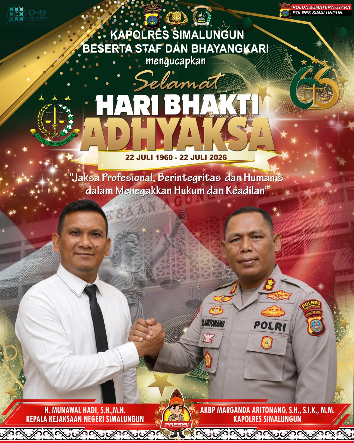 Peringati Hari Bhakti Adhyaksa Ke - 66, Kapolres Simalungun Beserta Bhayangkari Sampaikan Ucapan Selamat Kepada Insan Adhyaksa.