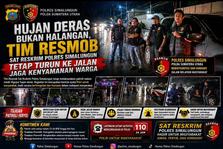 Hujan Deras Bukan Halangan, Tim Resmob Sat Reskrim Polres Simalungun Tetap Turun Ke Jalan Jaga Kenyamanan Warga.