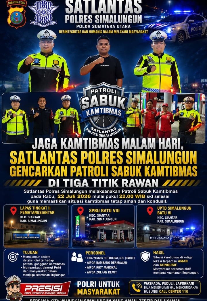 Jaga Kamtibmas Malam Hari, Satlantas Polres Simalungun Gencarkan Patroli Sabuk Kamtibmas di Tiga Titik Rawan.