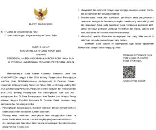 Bupati Simalungun Keluarkan SE Tentang Pengendalian Penangkapan Ikan Pora ‑ Pora Di Perairan Danau Toba.