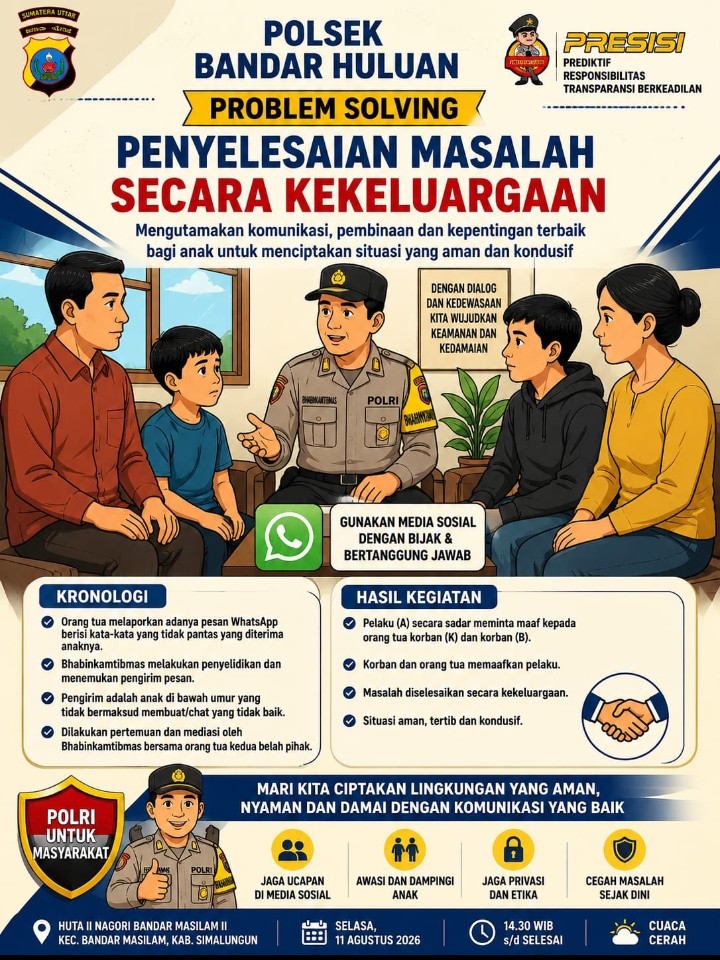 Bhabinkamtibmas Polsek Bandar Huluan Selesaikan Perselisihan Pesan WhatsApp, Dua Anak di Bawah Umur Berakhir Saling Memaafkan.