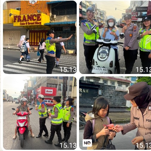 Sambut Hari Jadi Polwan Ke - 78, Polwan Polres Pematangsiantar Gatur Lalin, Bagikan Bunga & Coklat Kepada Warga Tertib Lalu Lintas.