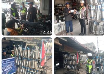 Edukasi Tertib Berlalulintas Sat Lantas Polres Pematangsiantar Berikan Brosur di Usaha Bengkel Knalpot.
