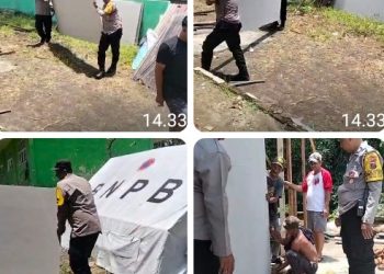 Polsek Siantar Barat Gotong Royong Membangun Warga Korban Angin Kencang di Jalan Singosari.