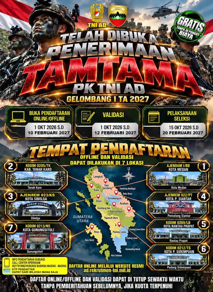 Teks Foto : Flyer Pendaftaran Penerimaan Tamtama dan Bintara Prajurit Karier (PK) TNI Angkatan Darat Gelombang I Tahun Anggaran 2027.