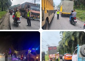 Antisipasi Macet Berkepanjangan, Satlantas Polres Simalungun Atasi Kemacetan Akibat Truk Mogok di Simpang Marjandi.
