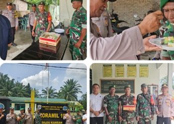 Kejutan Kue Tart di Mako Koramil 19/SK Nagori Dolok, Kapolsek Silou Kahean Perkuat Soliditas TNI-Polri di HUT TNI Ke - 81.