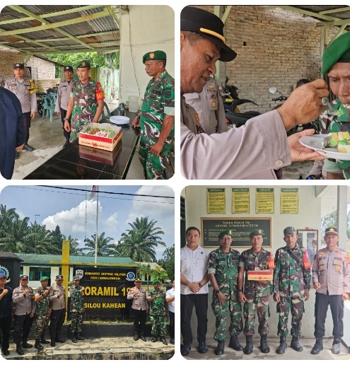 Kejutan Kue Tart di Mako Koramil 19/SK Nagori Dolok, Kapolsek Silou Kahean Perkuat Soliditas TNI-Polri di HUT TNI Ke - 81.