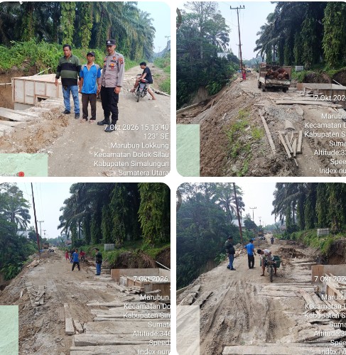 Berikan Pengamanan Progres Pembangunan Jembatan Pasca Longsor, Polsek Dolok Silau Dukung Pemulihan Infrastruktur Jalan Kabupaten.