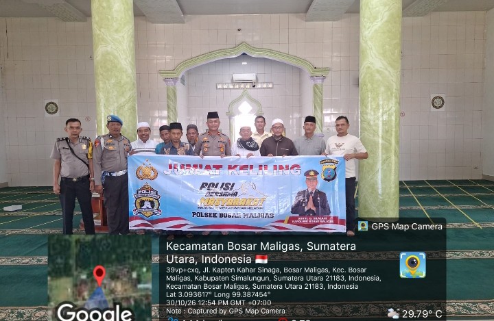 Polisi Bersama Masyarakat, Polsek Bosar Maligas Gelar Jumat Keliling di Masjid JAMI, Perkuat Silatuhrahmi & Pesan Kamtibmas.